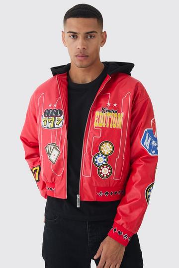 Red Boxy Hooded Casino Badge Bomber Jacket In Red