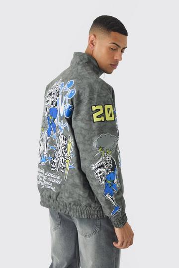 Oversized Graphic Badge Washed PU Bomber Jacket In Charcoal charcoal