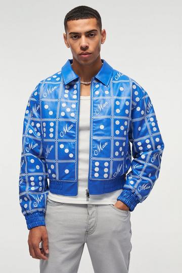 Boxy Man Dice Embroidered PU Bomber Jacket In Blue blue