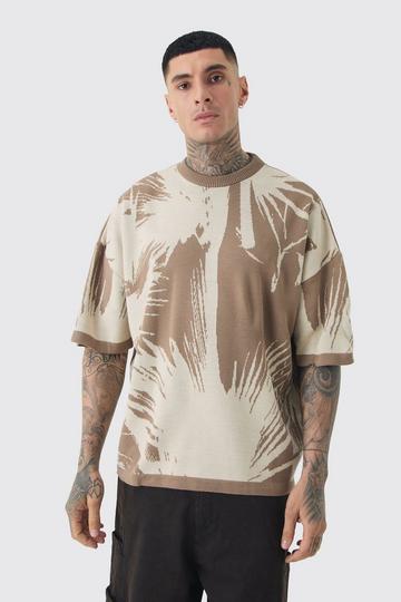 Tall Oversized Tonal Abstract Drawing Knitted T-shirt taupe