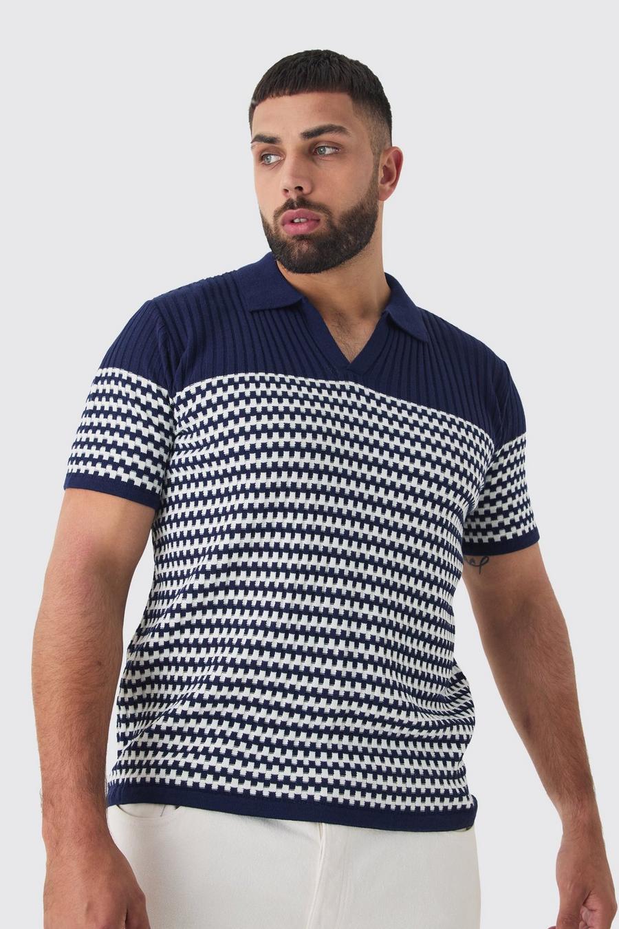 Navy Plus V Neck Striped Knitted Polo image number 1