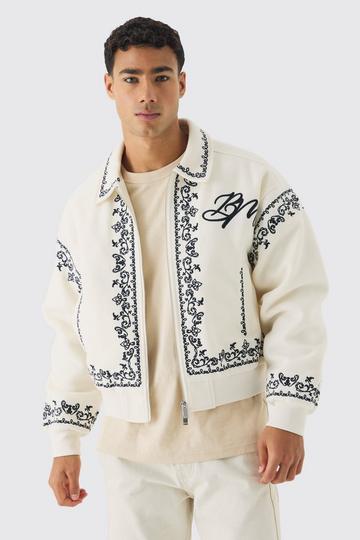 Boxy Bm Embroidered Collared Bomber Jacket In Ecru ecru