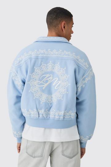 Blue Boxy Bm Embroidered Collared Bomber Jacket In Blue