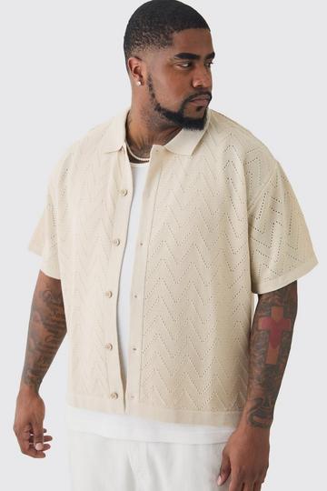 Plus Short Sleeve Boxy Open Stitch Knitted Shirt stone