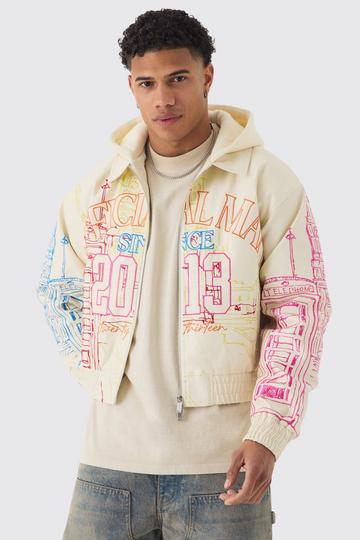 Official Man Boxy Hooded Embroidered PU Bomber Jacket ecru