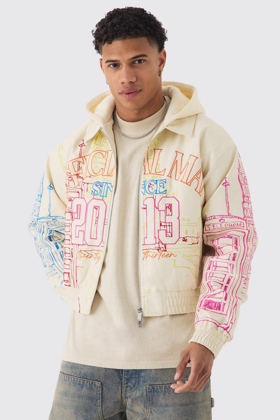 Official Man Boxy Hooded Embroidered PU Bomber Jacket Official Man Boxy Hooded Embroidered PU Bomber Jacket