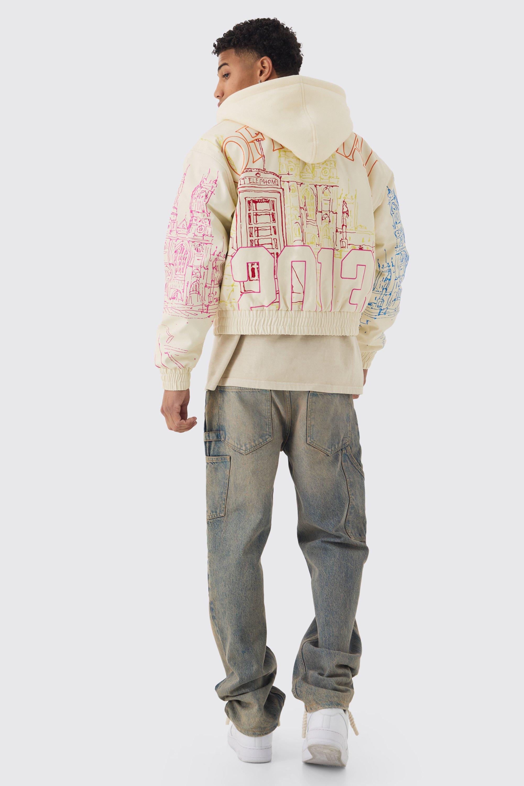 Official Man Boxy Hooded Embroidered PU Bomber Jacket Official Man Boxy Hooded Embroidered PU Bomber Jacket