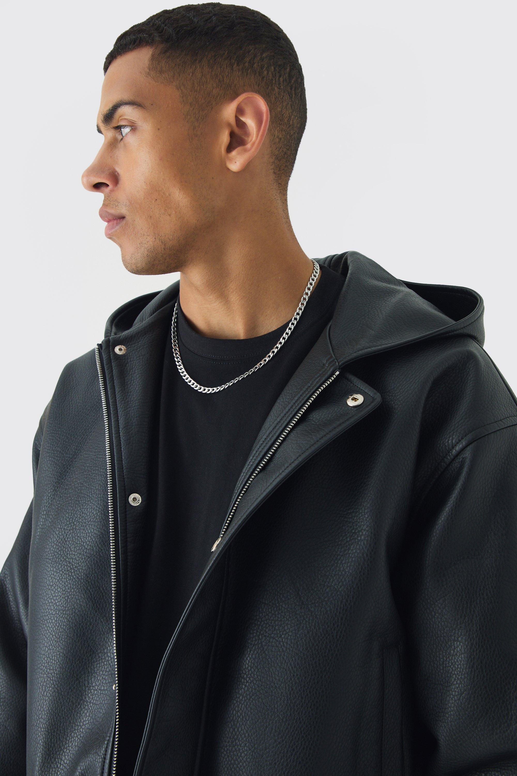 Boxy Hooded PU Bomber Jacket In Black | boohoo