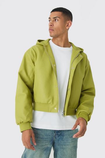 Boxy Hooded Pu Bomber Jacket In Lime lime