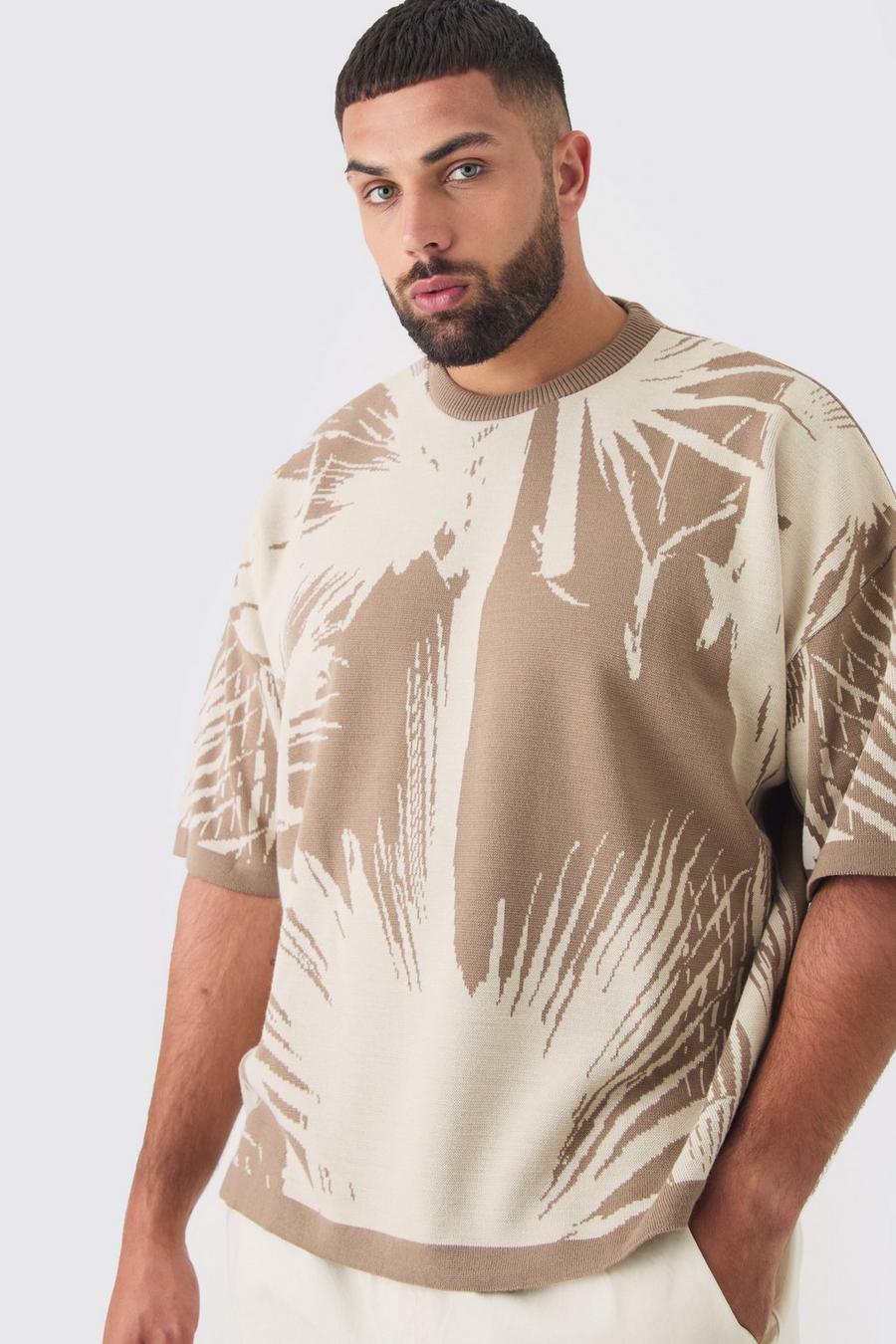 Taupe Plus Oversized Tonal Abstract Drawing Knitted T-shirt
