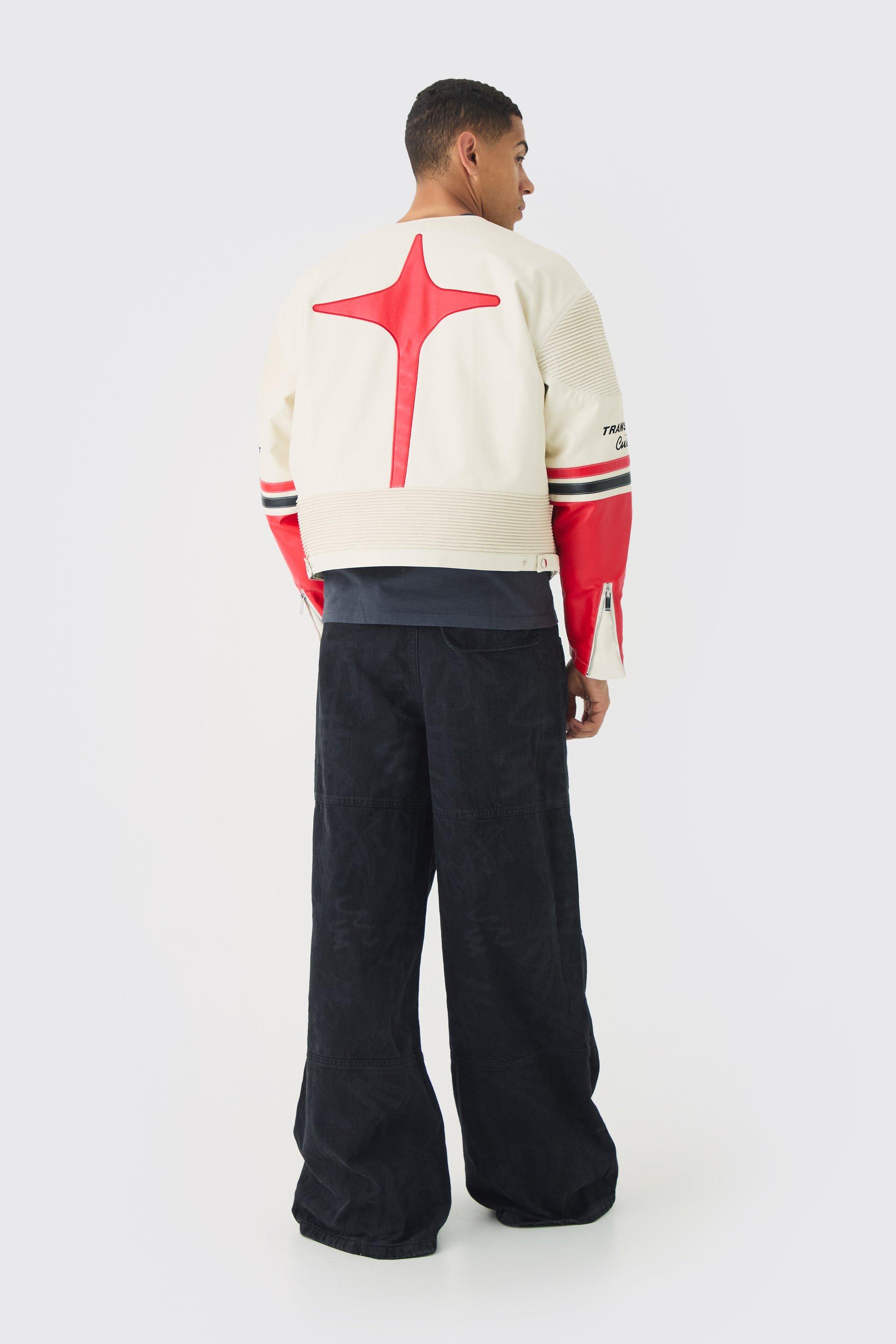 Boxy Collarless Homme PU Moto Jacket In Ecru Boxy Collarless Homme PU Moto Jacket In Ecru