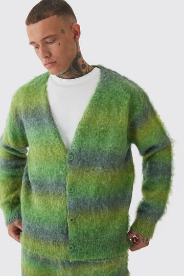 Tall Boxy Fit Knitted Brushed Stripe Cardigan green