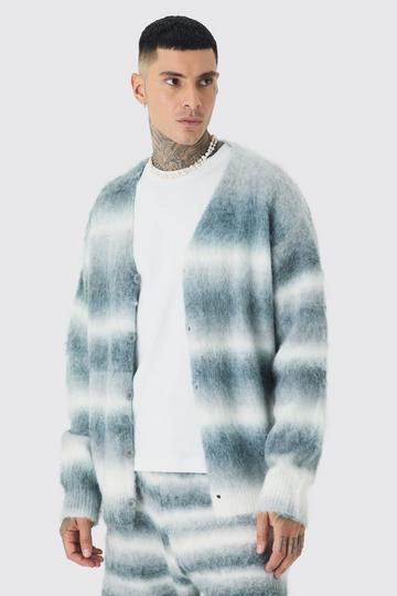 Tall Boxy Fit Knitted Brushed Stripe Cardigan grey