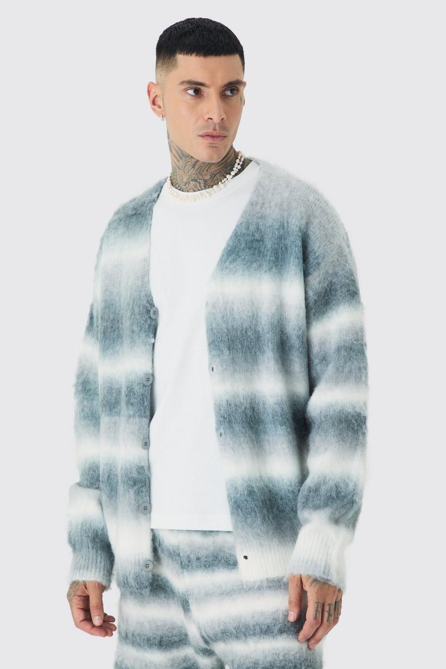 Grey Tall Boxy Fit Knitted Brushed Stripe Cardigan image number 1
