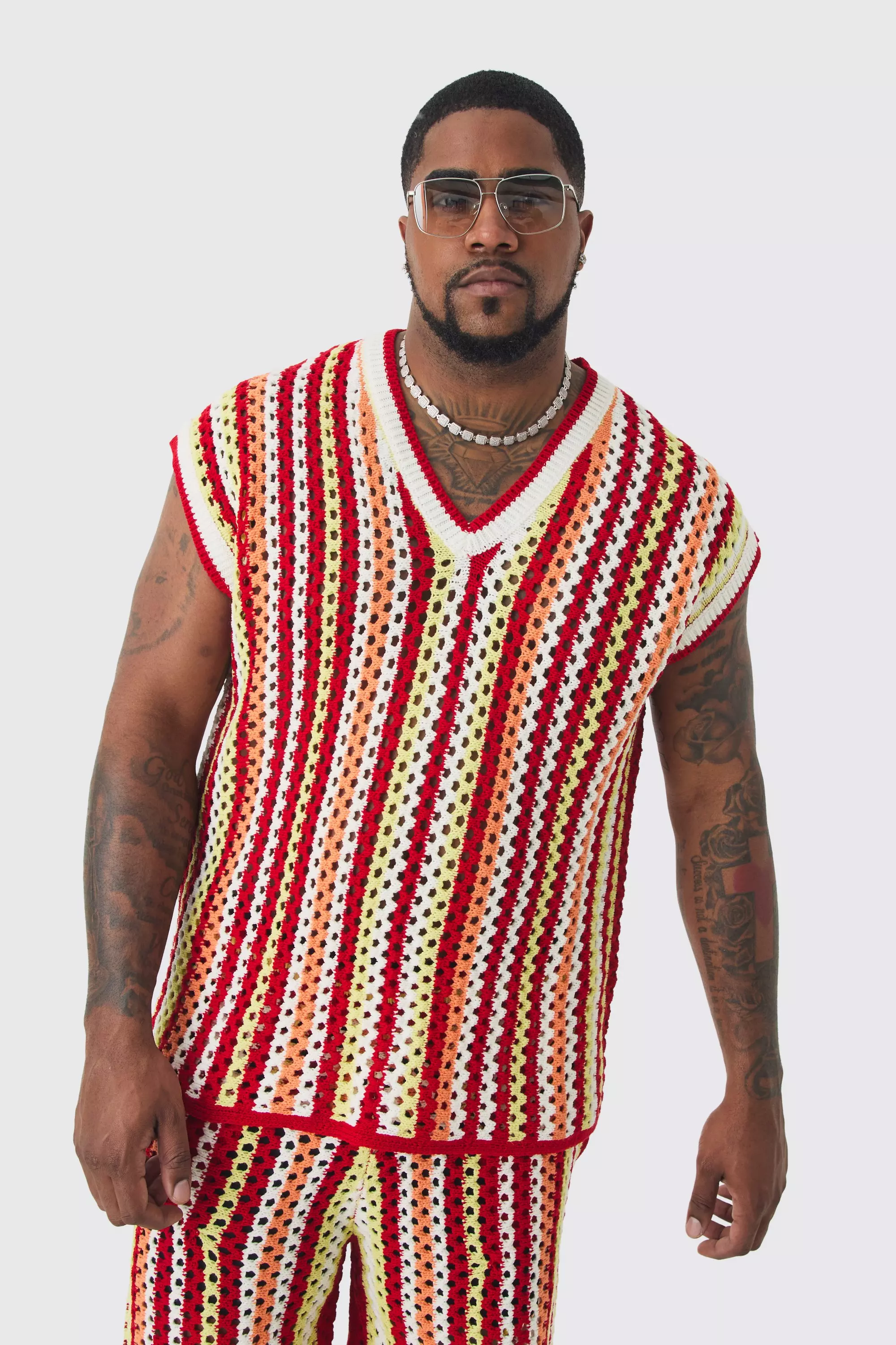 Red Plus Oversized Open Stitch Crochet Knitted Tank alternative image