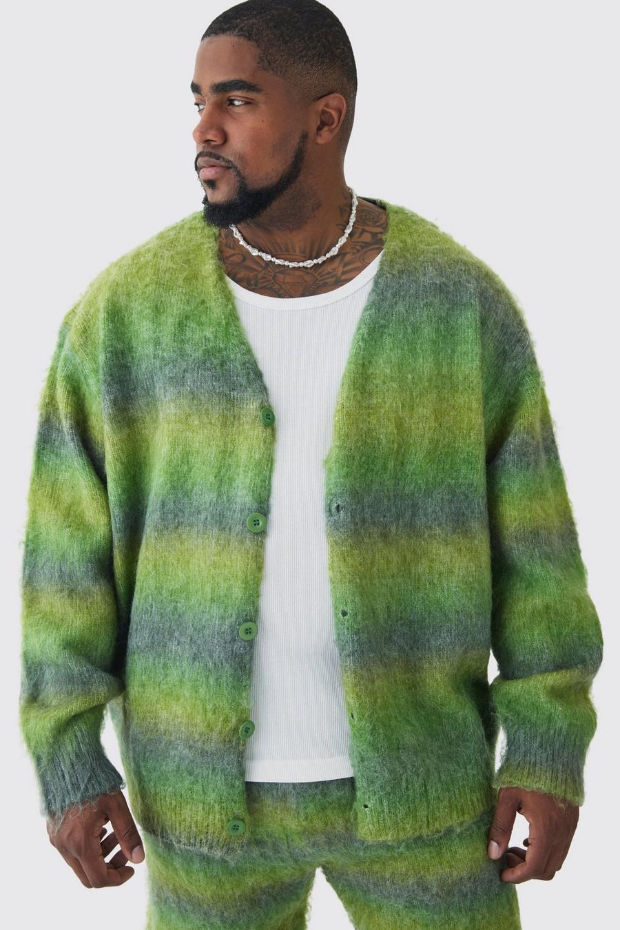 Green Plus Boxy Fit Knitted Brushed Stripe Cardigan