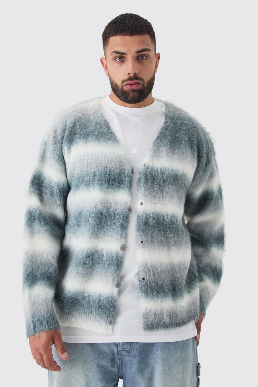 Grey Plus Boxy Fit Knitted Brushed Stripe Cardigan