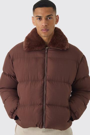 Boxy Faux Fur Collar Puffer Jacket In Chocolate chocolate