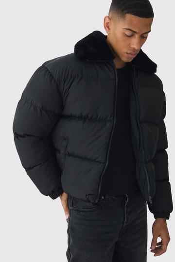 Black Boxy Faux Fur Collar Puffer Jacket In Black