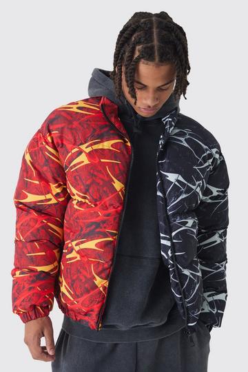 Half And Half Printed Funnel Neck Puffer Jacket In Red red