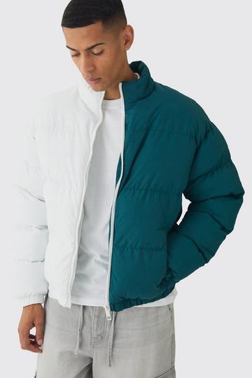 Green Half And Half Funnel Neck Puffer Jacket In Green