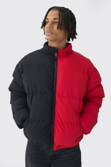 Half And Half Funnel Neck Puffer Jacket In Red red