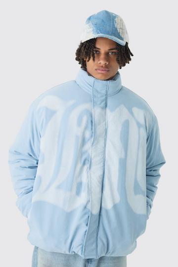 Blue Oversized Spray M Print Funnel Neck Puffer Jacket In Blue