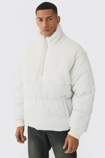 Half Zip Borg And Nylon Funnel Neck Puffer Jacket In Ecru ecru