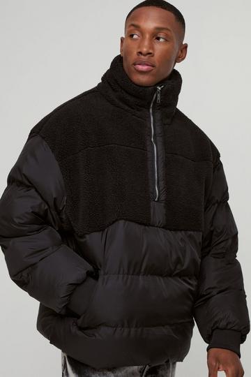 Black Half Zip Borg And Nylon Funnel Neck Puffer Jacket In Black