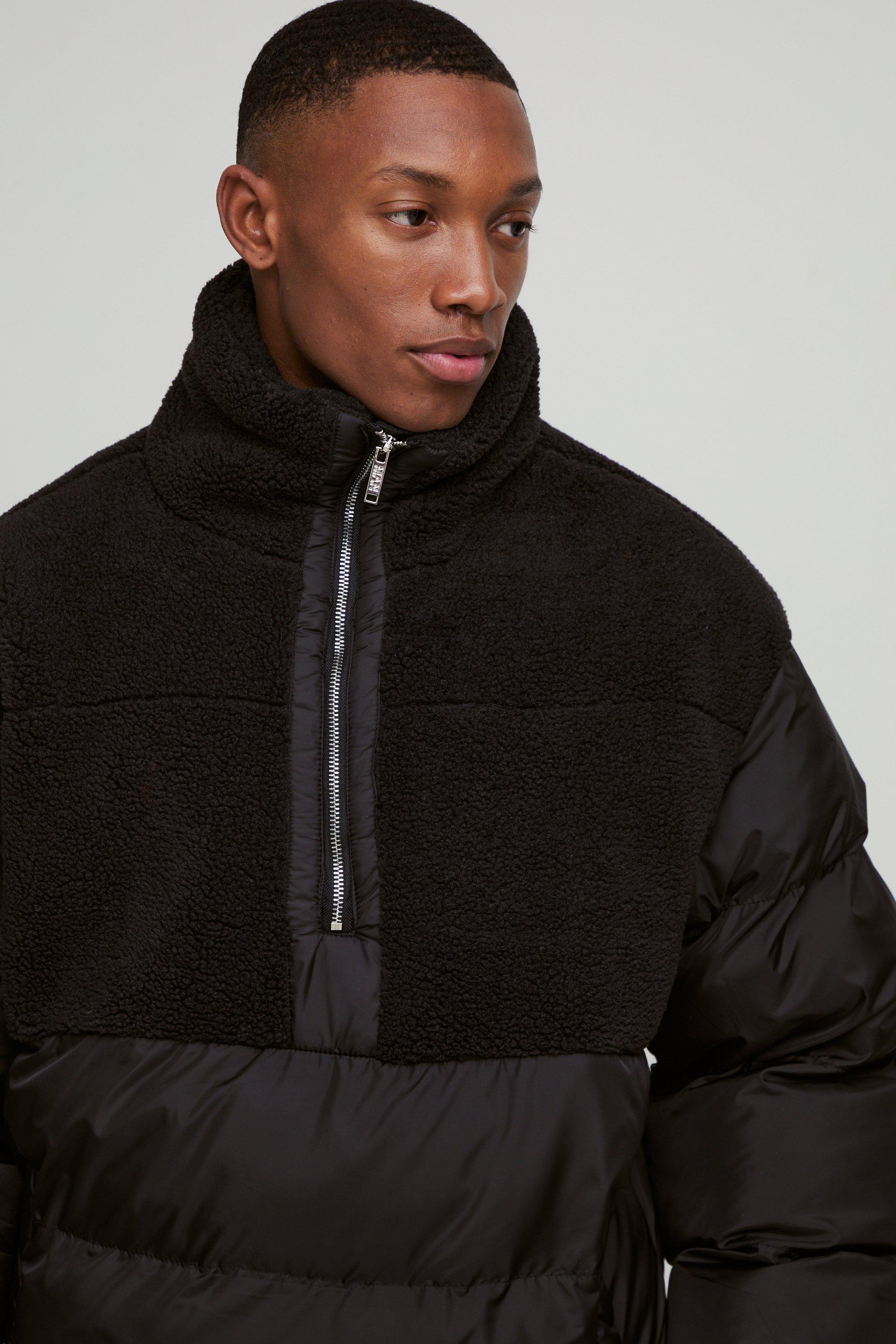 Half Zip Borg And Nylon Funnel Neck Puffer Jacket In Black