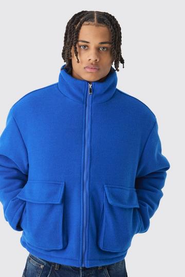 Blue Boxy Melton Funnel Neck Puffer Jacket In Blue