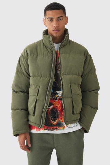 Faux Suede Funnel Neck Puffer Jacket In Khaki khaki