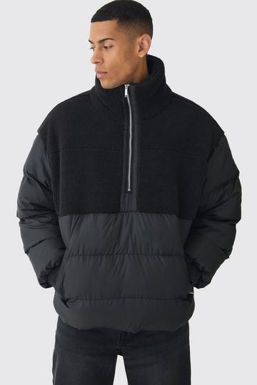 Black Wavy Quilted Hooded Puffer Jacket In Black