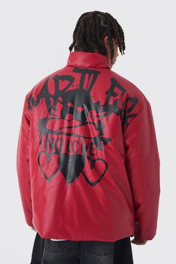 Oversized Heartless Print Pu Puffer Jacket In Red red