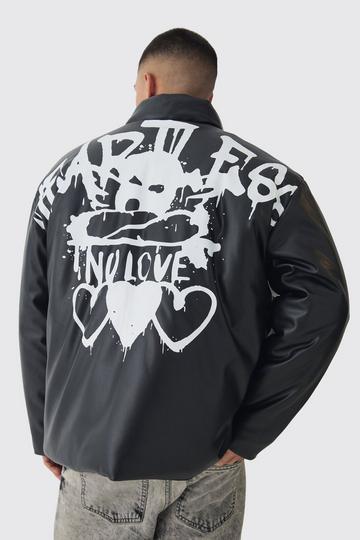 Oversized Heartless Print Pu Puffer Jacket In Black black