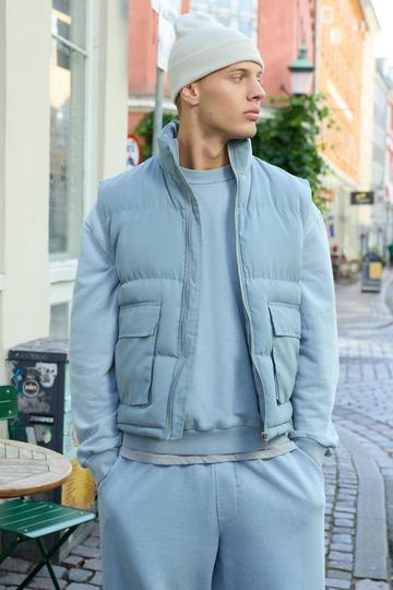 Blauwe Boxy Nep Suède Bodywarmer Met Hoge Kraag dusty blue