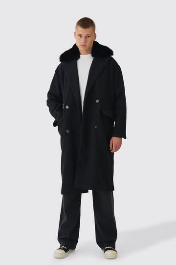 Black Drop Shoulder Overcoat With Removeable Faux Fur Trim In Black