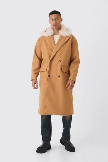 Camel Drop Shoulder Overcoat Met Afneembare Faux Fur Zoom camel