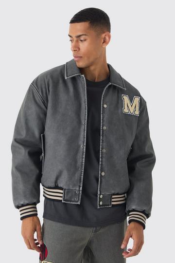 Boxy Washed Pu Varsity Jacket In Grey grey