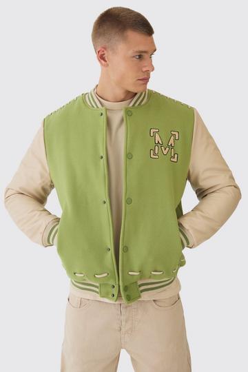 Green Man Pu Thread Detail Varsity Jacket In Green