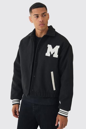 Boxy Collared Varsity Jacket In Black black