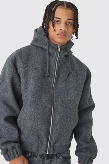 Boxy Melton Hooded Bomber Jacket In Charcoal charcoal