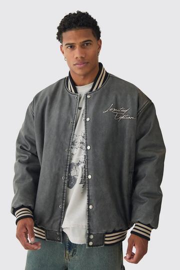 Oversized Limited Embroidered Washed PU Bomber Jacket In Grey grey