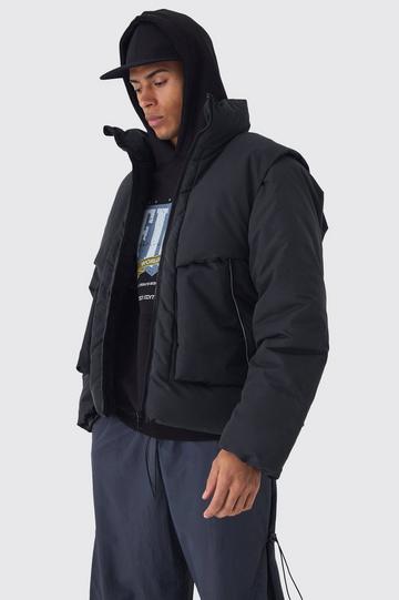 Black Funnel Neck Puffer Jacket With Removeable Sleeves In Black