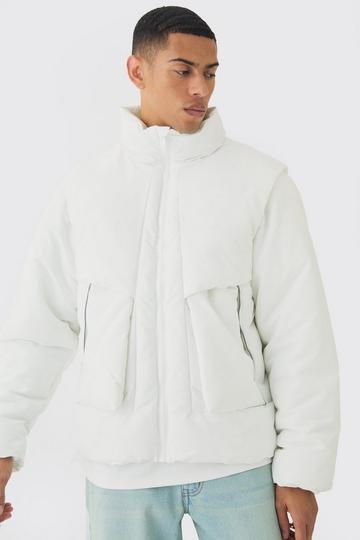 White Funnel Neck Puffer Jacket With Removeable Sleeves In White