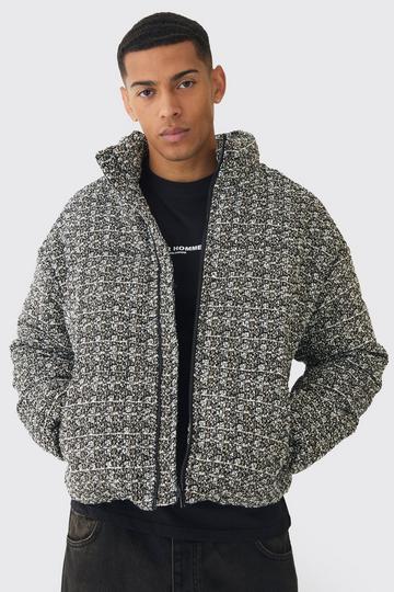 Boxy Tweed Funnel Neck Puffer Jacket In Black black