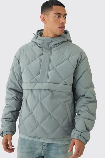 Half Zip Hooded Quilted Puffer Jacket In Slate slate