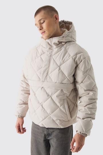 Half Zip Hooded Quilted Puffer Jacket In Stone stone