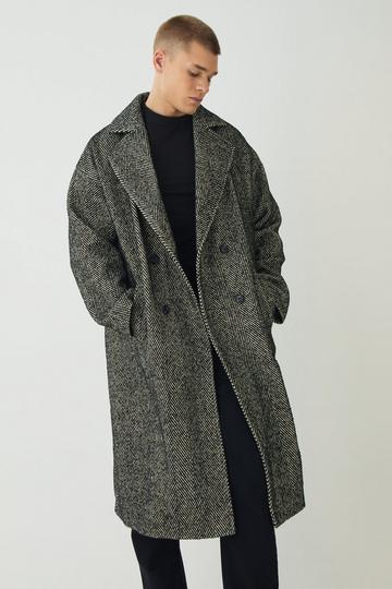 Oversized Longline Herringbone Overcoat In Black black