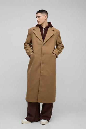 Brown Oversized Overcoat With Faux Hooded Jersey Layer In Tan